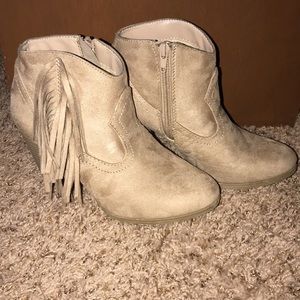 Tan fringe booties